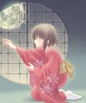  1girl brown_hair closed_eyes full_moon japanese_clothes kimono kneeling kurasawa_kyoushou moon original short_hair solo 