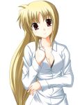  1girl blonde_hair breasts cleavage fate_testarossa long_hair lyrical_nanoha mahou_shoujo_lyrical_nanoha mahou_shoujo_lyrical_nanoha_strikers odaya odayan red_eyes simple_background solo very_long_hair 