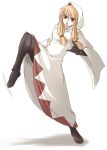  1girl blonde_hair boots brown_eyes female final_fantasy final_fantasy_tactics full_body gloves high_kick hood kicking ment open_mouth robe solo thigh-highs thigh_boots white_mage white_mage_(fft) 