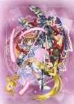  2girls arm_belt bardiche belt blonde_hair bow cape electricity fate_testarossa fingerless_gloves gloves lyrical_nanoha magazine_(weapon) magic magic_circle magical_girl mahou_shoujo_lyrical_nanoha mahou_shoujo_lyrical_nanoha_a&#039;s multiple_girls raising_heart red_bow red_eyes redhead takamachi_nanoha thigh-highs torn_clothes twintails violet_eyes 