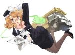  1girl ascot blonde_hair brown_eyes bus flag furudori_yayoi glasses gloves ground_vehicle hand_on_headwear hat high_heels motor_vehicle open_mouth pantyhose pencil_skirt shoes skirt solo stewardess uniform vehicle 