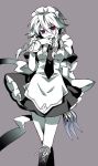  1girl between_fingers biting female finger_biting grey_background izayoi_sakuya knife maid monochrome red_eyes solo spot_color tenkuu_sphere throwing_knife touhou weapon 