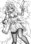  1girl breasts combat_maid dual_wielding fei_(maidoll) female gun maid monochrome original short_hair solo weapon 