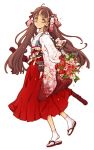  1girl endou_okito flower hakama japanese_clothes katana kimono long_hair miko red_hakama ribbon sandals simple_background solo sword tabi weapon 