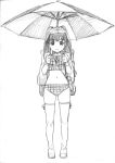  1girl bikini graphite_(medium) monochrome naruko_hanaharu sketch solo swimsuit tankini thigh-highs traditional_media umbrella 