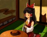  1girl bare_shoulders binayu black_hair bow closed_eyes cup detached_sleeves female hair_bow hair_tubes hakurei_reimu indoors long_hair red_bow red_ribbon ribbon ribbon-trimmed_sleeves ribbon_trim shadow sidelocks solo table teacup touhou 