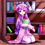  1girl book crescent female hat long_hair low-tied_long_hair mei patchouli_knowledge purple_hair solo subaru_(yachika) tied_hair touhou 