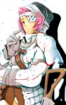  1girl androgynous belt capcom expressionless eyepatch hat khezu khezu_(armor) konekonekozou long_sleeves monster_hunter pink_hair red_eyes short_hair simple_background sitting snow snowing snowman solo white_background 