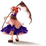  1girl blue_skirt female full_body geta hair_bobbles hair_ornament honokan looking_at_viewer looking_back onozuka_komachi petticoat puffy_sleeves red_eyes redhead sash scythe shadow simple_background skirt solo standing tabi touhou two_side_up vest white_background white_legwear 