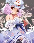  1girl adapted_costume butterfly collarbone detached_sleeves female frills glowing hat head_tilt japanese_clothes kimono looking_at_viewer messy_hair pink_hair red_eyes saigyouji_yuyuko short_hair smile solo touhou triangular_headpiece veil wide_sleeves wind yuu_(kfc) 