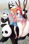  2girls animal bear blonde_hair full_body looking_at_viewer multiple_girls original panda pink_legwear red_skirt redhead short_hair sitting skirt spread_legs straddling thigh-highs tomihero upright_straddle zettai_ryouiki 