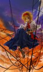  1girl alice_margatroid blonde_hair boots brown_hair cable capelet female hairband honokan midair mole short_hair sitting solo sunset touhou 