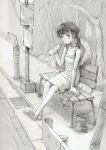  1girl bare_shoulders bench breasts bus_stop cleavage collarbone full_body fuyuno_haruaki loafers looking_at_viewer monochrome original road shoes sidewalk sign sitting small_breasts solo street 