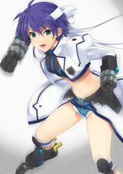  armor blue_hair denim denim_shorts green_eyes headband inline_skates lyrical_nanoha mach_caliber mahou_shoujo_lyrical_nanoha mahou_shoujo_lyrical_nanoha_strikers midriff mizuki_makoto open_mouth revolver_knuckle roller_skates short_hair short_shorts shorts skates subaru_nakajima 