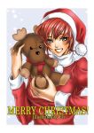  1girl artist_name blush christmas deer fei_(maidoll) hat looking_at_viewer merry_christmas original redhead reindeer santa_costume santa_hat smile solo stuffed_animal stuffed_toy upper_body 