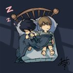  2boys annoyed bed bedroom chibi cuffs death_note fetal_position from_above handcuffs indoors l_(death_note) male_focus multiple_boys night on_bed shirt sleeping t-shirt thumb_sucking underwear yagami_light zzz 