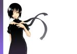  1girl ayakura_juu black_dress black_eyes black_hair cowboy_shot dress hand_on_own_chest head_tilt looking_at_viewer mole mole_under_mouth off-shoulder_dress off_shoulder original scarf short_hair simple_background solo white_background 