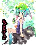  1girl boots female full_body gradient gradient_background kawashiro_nitori looking_back multicolored_hair one-piece_swimsuit pepsi pepsi_ice_cucumber rock school_swimsuit shige soda solo swimsuit touhou water white_background 