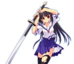  1girl kobayashi_chisato long_hair original school_uniform serafuku solo sword thigh-highs torn_clothes torn_thighhighs weapon zettai_ryouiki 
