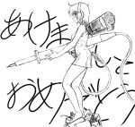 1girl barefoot cable dress headphones himadarou kanji monochrome pencil short_dress short_hair sketch solo 