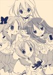  4girls :3 :o ahoge glasses hair_ribbon hiiragi_kagami hiiragi_tsukasa izumi_konata long_hair lucky_star monochrome multiple_girls open_mouth orange_(color) playing_games purple ribbon school_uniform serafuku siblings sisters takara_miyuki twins video_game watari_shinji yuririn 