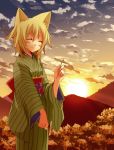  animal_ears fox_ears japanese_clothes smile sunset suzushiro_kurumi 
