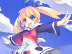  1girl 90s :d blonde_hair blue_eyes blue_sky clouds day fushigi_mahou_fun_fun_pharmacy long_sleeves looking_at_viewer mikage_sekizai navel open_mouth outstretched_arms popuri popuri_(fushigi_mahou_fun_fun_pharmacy) skirt sky smile solo stomach twintails white_skirt 