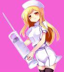  1girl bangs blonde_hair blush breasts hat higurashi_no_naku_koro_ni long_hair mei nurse nurse_cap orange_eyes oversized_object parted_bangs smile solo subaru_(yachika) syringe takano_miyo thigh-highs zettai_ryouiki 