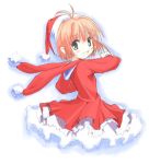  1girl 90s :d card_captor_sakura child cowboy_shot dress frilled_dress frills hat hiide kinomoto_sakura long_sleeves looking_at_viewer lowres open_mouth orange_hair red_dress red_hat santa_costume santa_hat short_hair smile solo white_background 