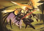  29_(artist) 2boys armor fantasy gradient gradient_background male_focus multiple_boys outdoors sky sword weapon wings 