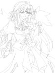  00s 1girl cowboy_shot directional_arrow dress frilled_sleeves frills hairband lineart lolita_hairband long_sleeves looking_at_viewer monochrome ribi rozen_maiden simple_background solo suigintou white_background wings 