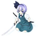  1girl blue_hair female hairband katana konpaku_youmu lowres ribbon sakuraba_yuuki school_uniform serafuku short_hair skirt solo sword touhou uniform weapon white_background 