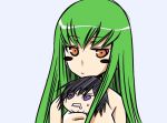  1boy 1girl black_hair c.c. chibi code_geass expressionless green_hair holding jitome lelouch_lamperouge miniboy orange_eyes simple_background size_difference strangling sweat upper_body white_background 