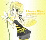  1girl bee_girl blonde_hair brown_eyes cowboy_shot insect_girl insect_wings looking_at_viewer monster_girl original shima_yukiwa short_hair simple_background solo standing text wings yellow yellow_background 