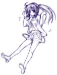  1girl camisole full_body headphones high_heels long_hair midriff monochrome musical_note original ponytail purple quaver sandals shoes simple_background sketch solo toes yuuki_eishi 
