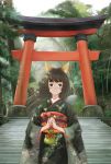  1girl 29_(artist) animal_ears bag bamboo bangs black_eyes black_hair fog fox_ears hands_together holding japanese_clothes kimono long_hair long_sleeves looking_at_viewer obi outdoors sash smile solo stairs torii tree wide_sleeves 