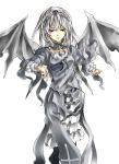  00s 1girl bat_wings closed_mouth cowboy_shot detached_collar expressionless frilled_sleeves frills looking_at_viewer raid_slash rozen_maiden silver_hair simple_background solo suigintou white_background wings 