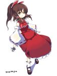  00s 1girl 2007 between_fingers bow brown_hair dated detached_sleeves female full_body hair_bow hakurei_reimu half_updo looking_at_viewer obscur ofuda ponytail short_hair sidelocks simple_background skirt smile solo standing touhou 
