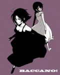  2girls ahoge baccano! back-to-back barefoot breasts chane_laforet cleavage collarbone copyright_name dress elbow_gloves full_body gloves looking_at_viewer looking_back monochrome multiple_girls ponytail riza_laforet short_hair standing toes 