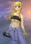  00s 1girl bandeau blonde_hair blue_eyes blush breasts collarbone earrings fullmetal_alchemist gloves jewelry long_hair mechanic midriff navel smile solo strapless tomboy tubetop under_boob winry_rockbell wrench 