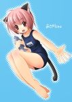  1girl animal_ears barefoot cat_ears cat_tail feet fish hands name_tag one-piece_swimsuit original pink_hair red_eyes school_swimsuit shibacha short_hair solo swimsuit tail 