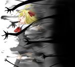  1girl :d black_legwear blonde_hair darkness female haiiro_(immature) hair_ribbon happy kneehighs long_sleeves necktie open_mouth outstretched_arms red_eyes ribbon rumia running short_hair skirt smile solo spread_arms the_embodiment_of_scarlet_devil touhou youkai 