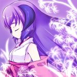  1girl armpits bad_id closed_eyes flower hanyuu higurashi_no_naku_koro_ni horns japanese_clothes kimono long_hair profile purple_hair red_hakama shiratama_dango solo spider_lily 