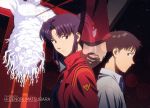  1boy 1girl absurdres angel_(evangelion) back-to-back black_hair brown_eyes cross crucifixion earrings evangelion:_1.0_you_are_(not)_alone grey_eyes hand_holding highres ikari_shinji jacket jewelry katsuragi_misato lilith_(evangelion) matsubara_hidenori neon_genesis_evangelion night night_sky ponytail purple_hair rebuild_of_evangelion scar sky smile 