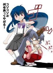  2girls angry blood blue_hair clenched_teeth cream_puff food furude_rika hakama hanyuu higurashi_no_naku_koro_ni horns japanese_clothes long_hair miko miyakodori_takayuki multiple_girls nosebleed o_o purple_hair red_eyes red_hakama school_uniform serafuku squatting teeth translated 