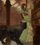  1girl animal black_panther book brown_hair dress green_eyes lack library light panther shelf smile solo window 
