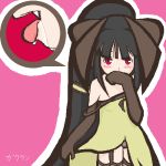  1girl black_hair costume fang fangs female lowres mawile nintendo personification pokemon red_eyes saliva solo strap_slip 