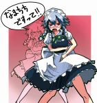  1girl apron bad_id blush braid breasts dress female gradient gradient_background izayoi_sakuya maid maid_apron partially_colored ribbon short_hair solo tears tmg touhou translated translation_request twin_braids twintails white_background 