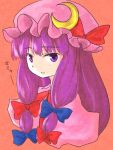  1girl bow crescent female hair_bow hair_ribbon hat mukyuu myama patchouli_knowledge purple_hair ribbon solo touhou upper_body violet_eyes 