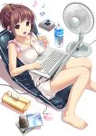  1girl :d ahoge bangs barefoot blush body_blush bottle bow brand_name_imitation breast_rest breasts brown_eyes brown_hair cable cd_case chair computer computer_mouse dress earphones earphones electric_fan fan feet from_side holding knees_together_feet_apart koutaro laptop looking_at_viewer lowres medium_breasts musical_note open_mouth original pocari_sweat ponytail quaver reclining scrunchie shadow short_dress short_hair sitting skirt sleeveless smile solo tissue tissue_box toenails toes water_bottle white_background white_skirt 